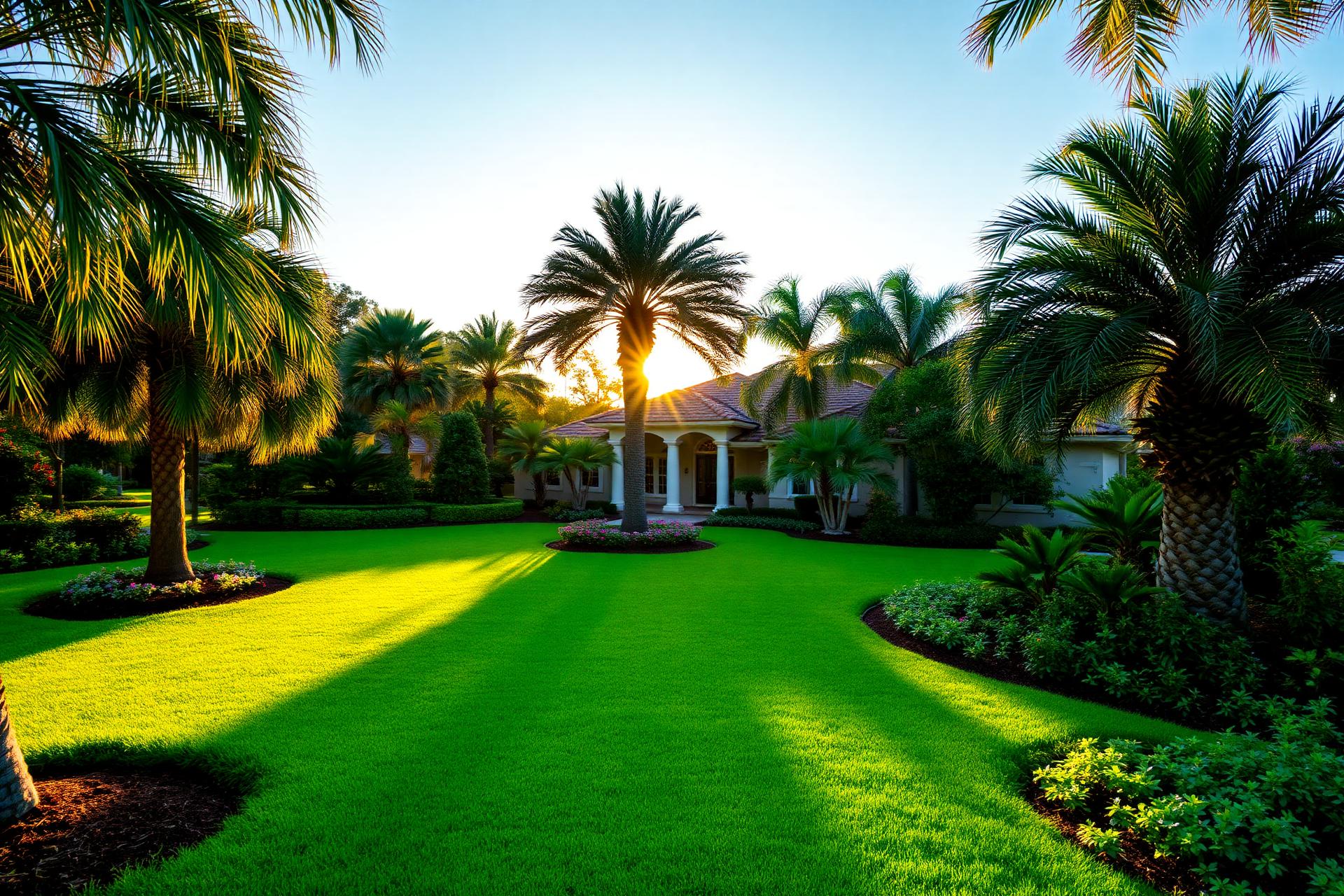 Manicured Florida lawn surrounded by palm trees at golden hour